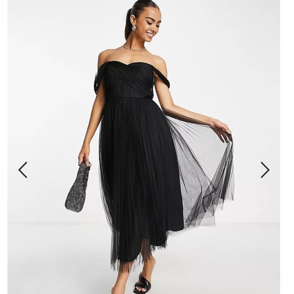 ASOS DESIGN off-shoulder, tulle, midi, tie back, pleated skirt - Black - US 4 - Picture 3 of 4
